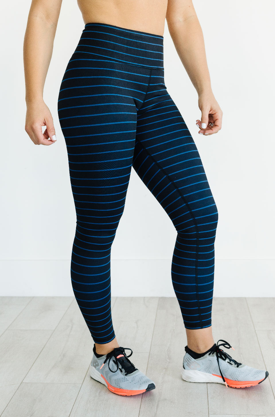 Cobalt Blue and Black Horizontal Stripes Leggings for Women, Strippes  Leggings