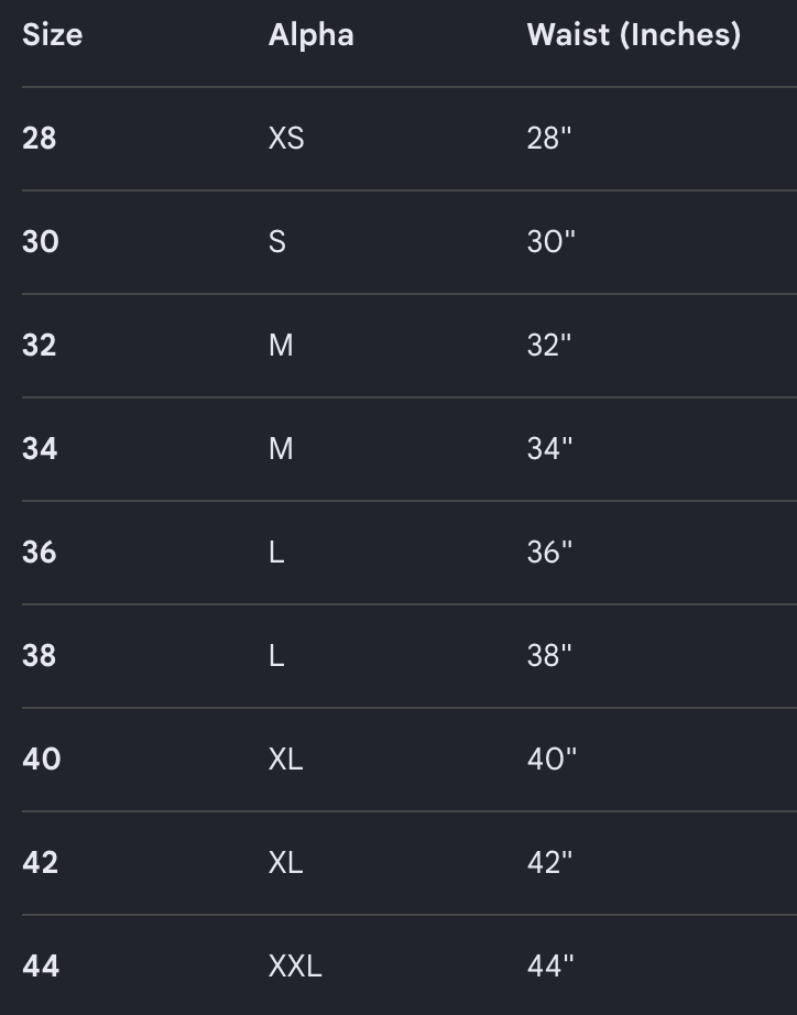 A size chart table showing sizes XS through XXL, labeled Alpha and Waist (Inches), on a dark background.